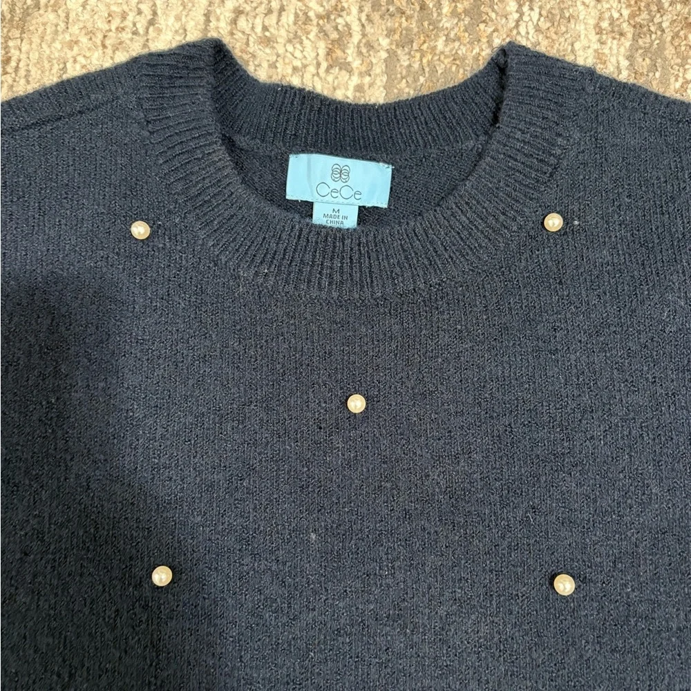 CeCe Navy blue Crew Neck Sweater with Pearl Accents - Picture 3 of 4